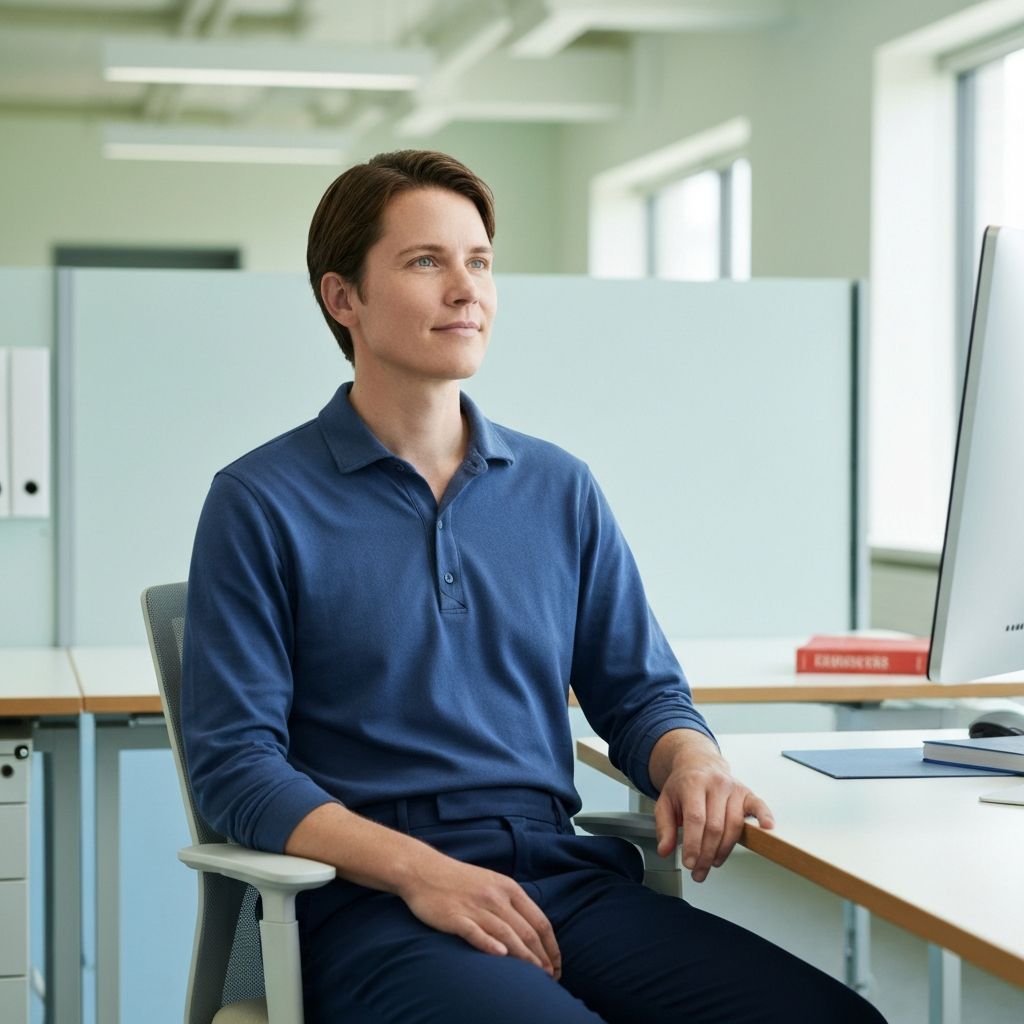 Egy személy nyugodt, természetes megvilágítású irodában ülve a monitorától távolabb nézve, tekintetét lazán a horizont irányába fordítva, kezei pihentetőn az asztalon