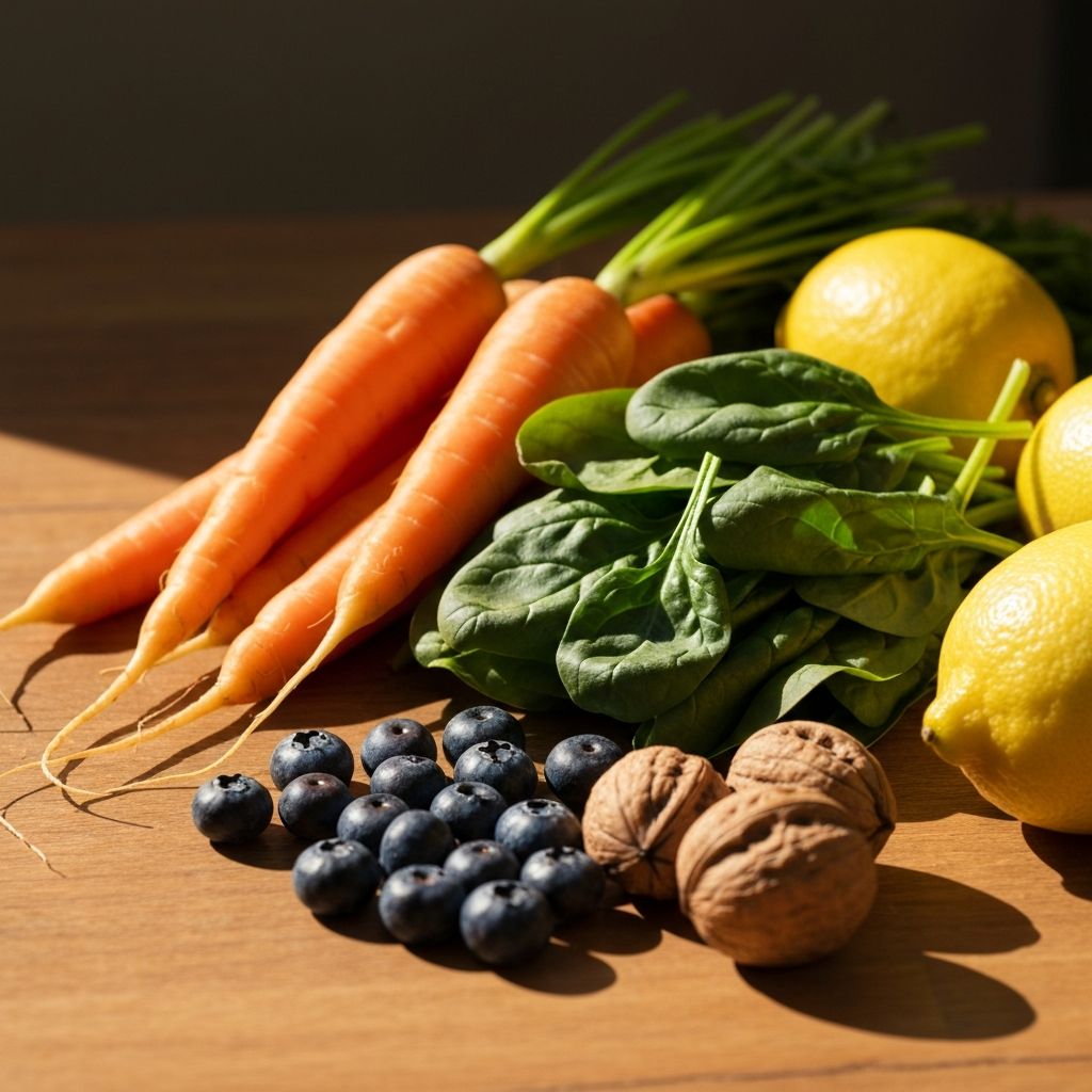 Friss zöldségek és gyümölcsök fa asztalon természetes fénynél: sárgarépa, spenót, áfonya, dió és citrusfélék vibráló élénk színekkel, egészséges táplálkozást szimbolizáló kompozíció