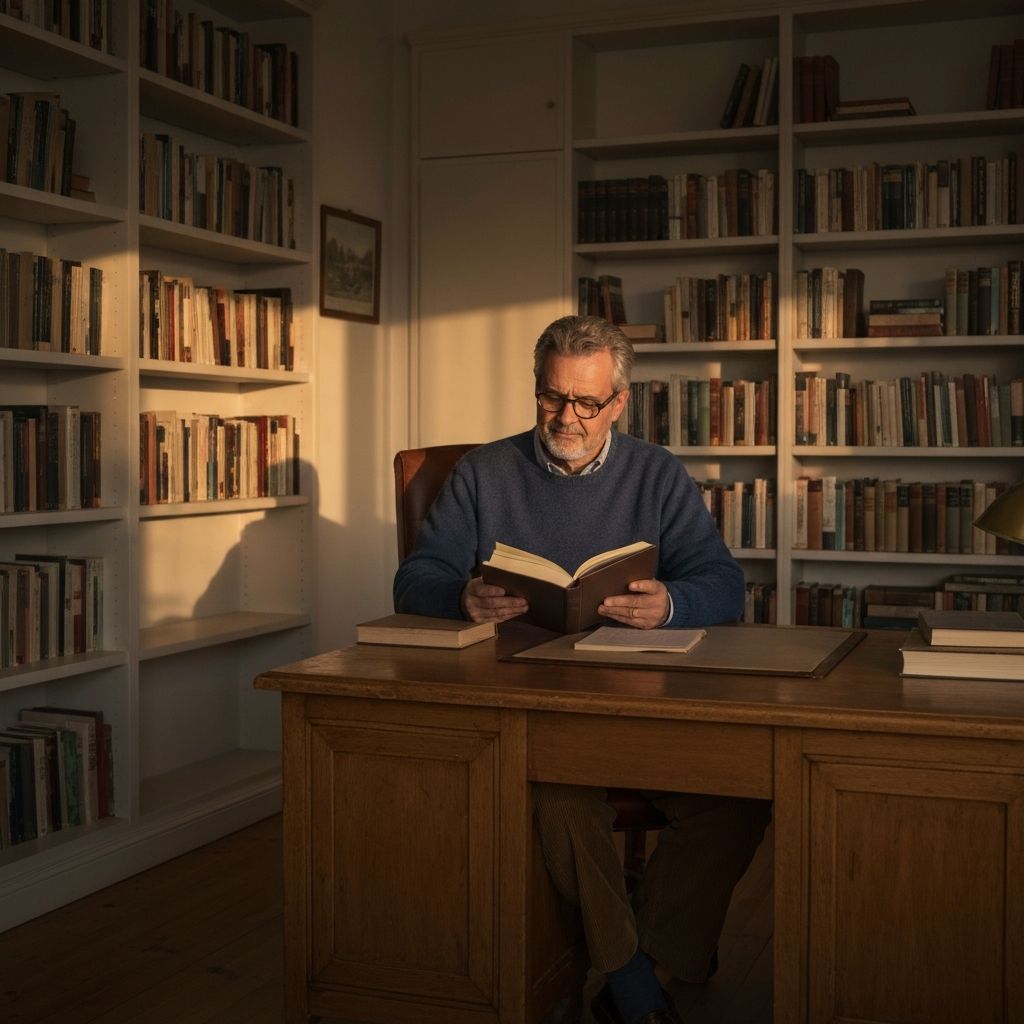 Csendes, természetes fénnyel megvilágított könyvtárterem, ahol egy személy kényelmes testtartásban olvas egy fa asztal mellett, körülötte meleg tónusú, visszafogott belső tér és nagy ablakok
